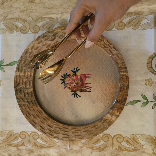 Sun Moon Wooden Platter - The Deer Story with Golden Tong - - Samaa India -  - #tag1# - #tag2# - #tag3# - #tag4# 