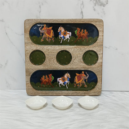 Wooden 2 Side 3 Bowl Platter - Blue Royalty - - Samaa India -  - #tag1# - #tag2# - #tag3# - #tag4# 