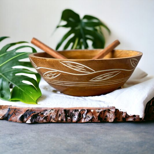 Wooden Engraved and Carved Salad Bowl - - Samaa India - wooden salad bowl engraved and carved with servers - #tag1# - #tag2# - #tag3# - #tag4# 