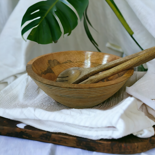 Wooden Engraved and Carved Salad Bowl - Line Carving