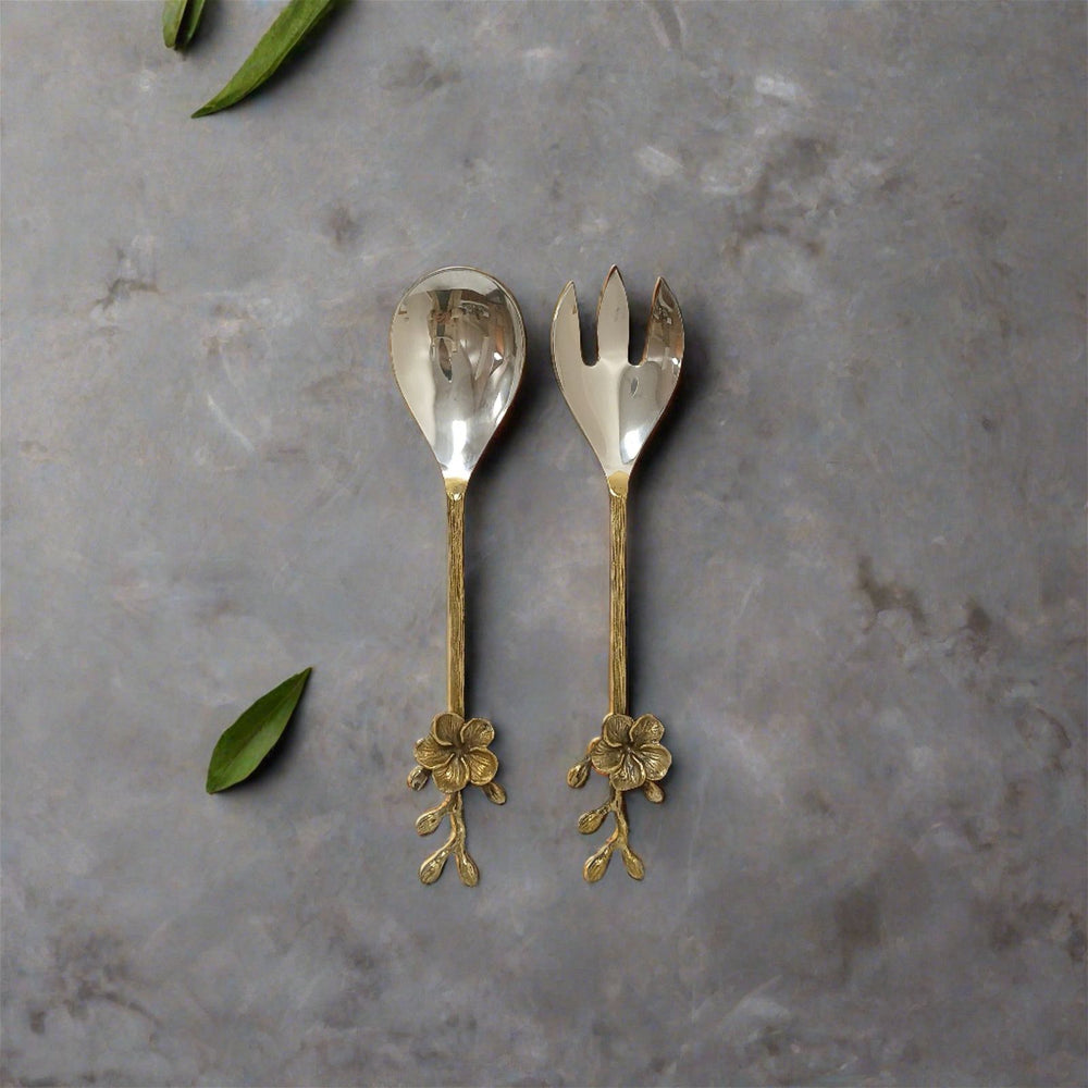 Samaa India Decorative Brass Salad Server Set with Floral Design