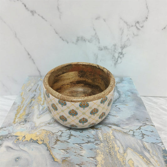 Samaa India decorative wooden serving bowl with hand-painted floral pattern on white exterior