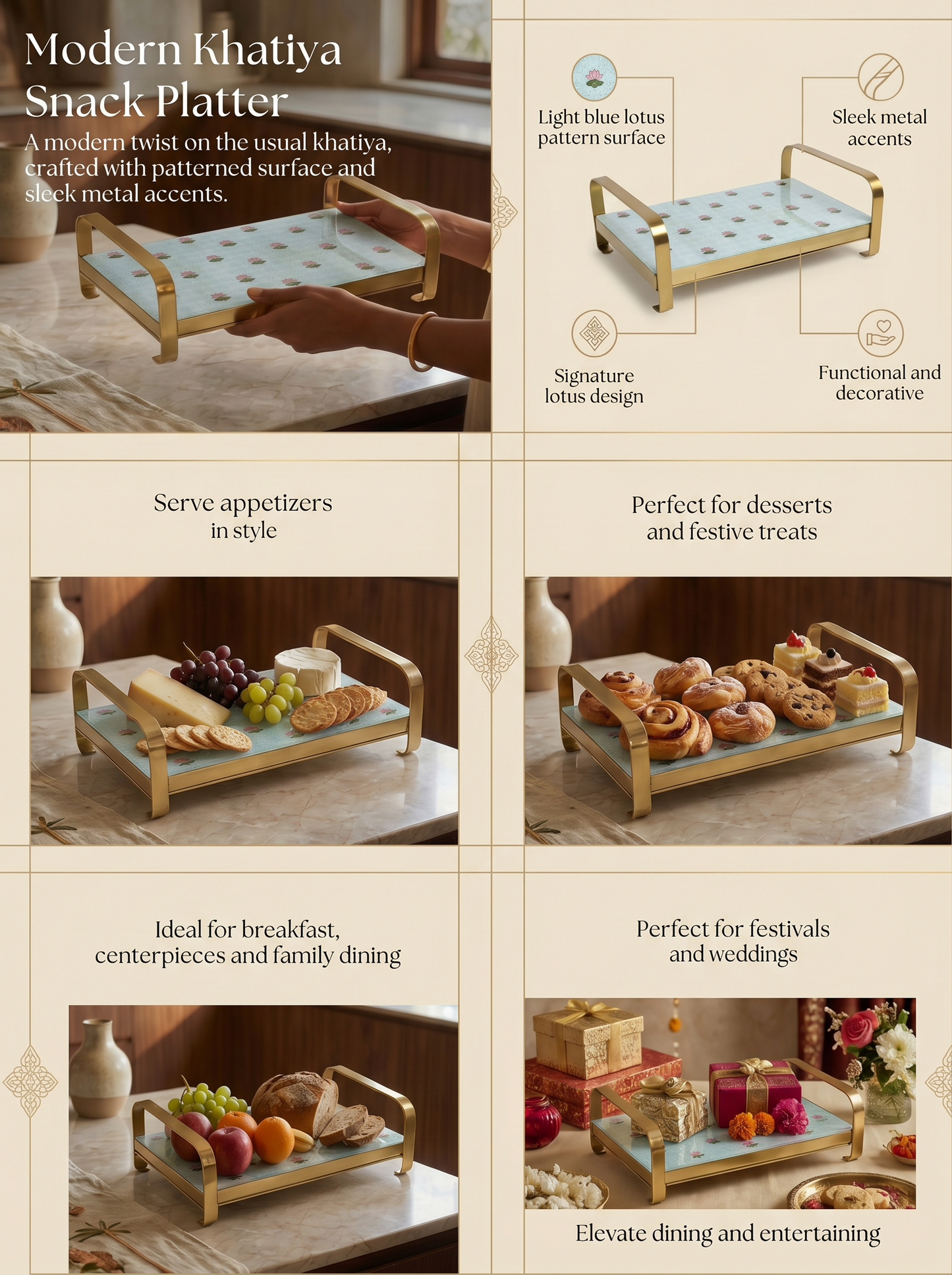 Modern Khatiya Tray Platter - The Lotus Buti