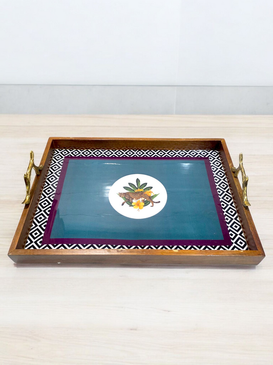 Elegant serving butler tray with handles featuring wooden frame and decorative center design