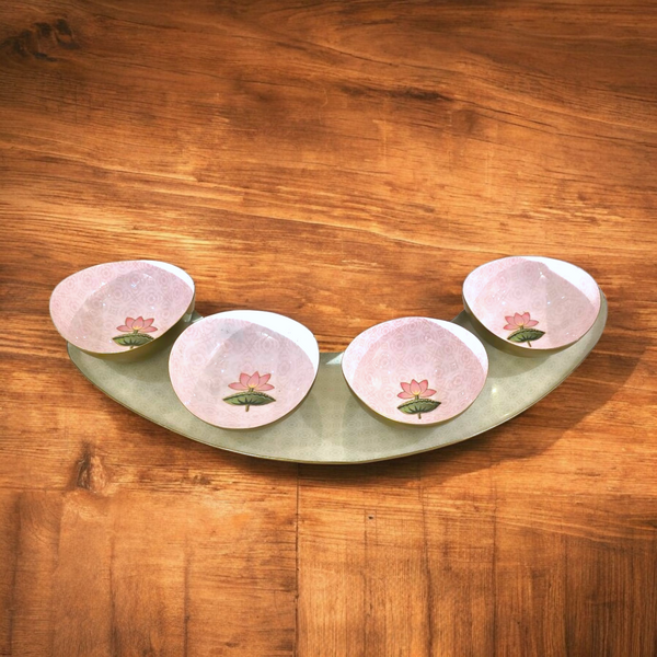 Samaa India half-moon platter set with four pink lotus design bowls on wooden surface