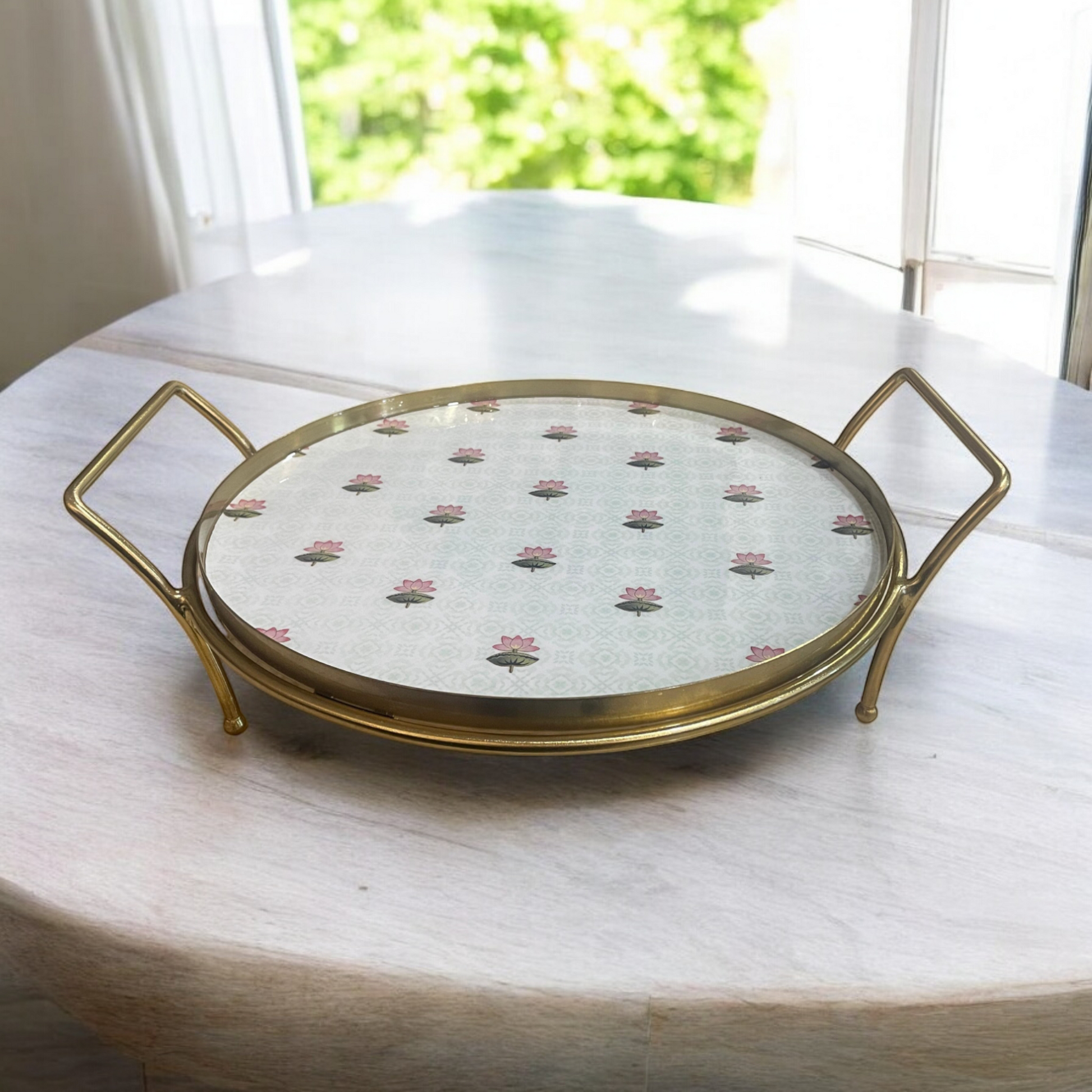 Samaa India luxury dessert stand platter with floral design and gold handles on round marble table