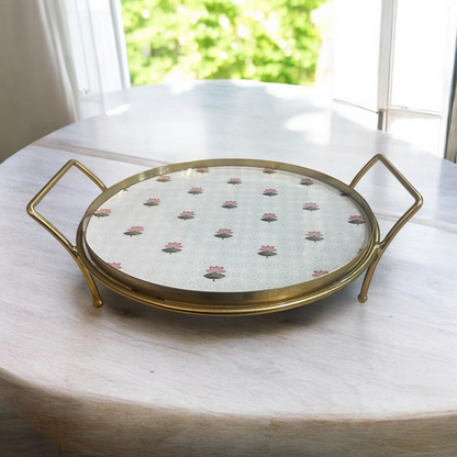 Samaa India luxury dessert stand platter with floral design and gold handles on round marble table