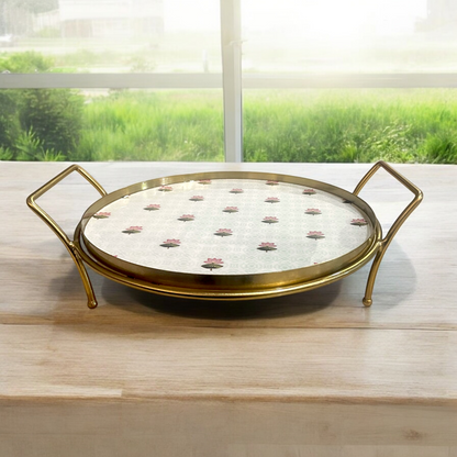 Samaa India luxury dessert stand platter with gold metal frame and floral patterned surface