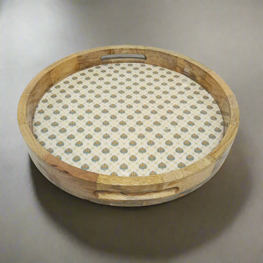 Samaa India luxury round wooden serving tray with decorative patterned base and hand cut handles