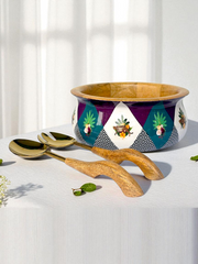 Samaa India Matka Salad Bowl With Servers - Botanical Extravaganza
