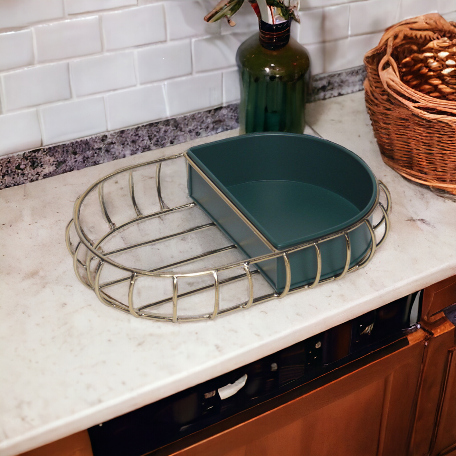 Samaa India metal bathroom vanity tray with divided compartments on marble countertop
