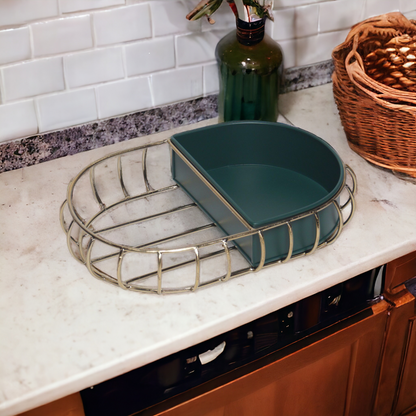 Samaa India metal bathroom vanity tray with divided compartments on marble countertop