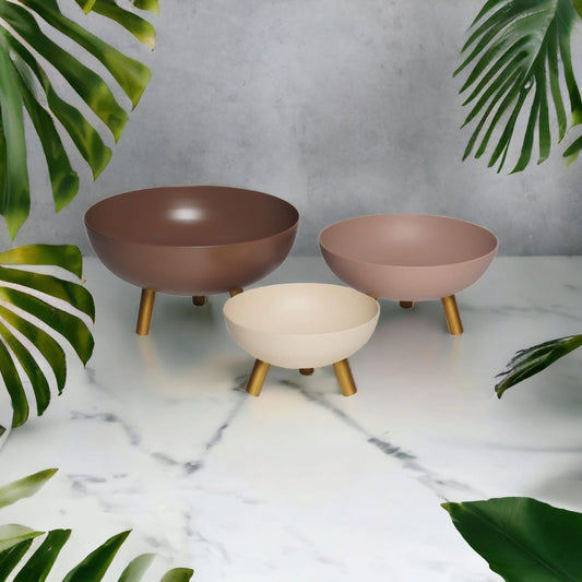 Samaa India metal nesting bowls set with three brown and beige bowls on gold legs
