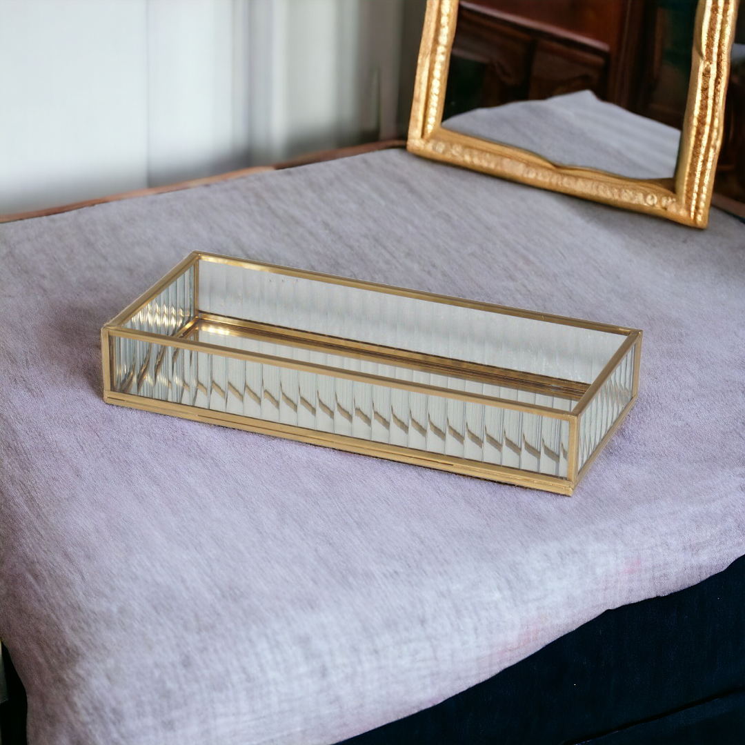Samaa India multipurpose fluted glass tray organizer with gold metal frame on fabric surface