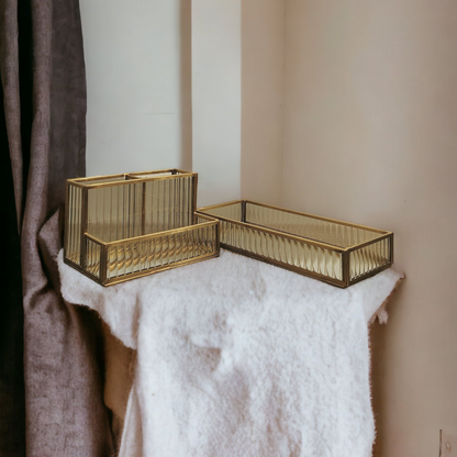 Samaa India multipurpose fluted glass tray set with gold frame organizer on white cloth