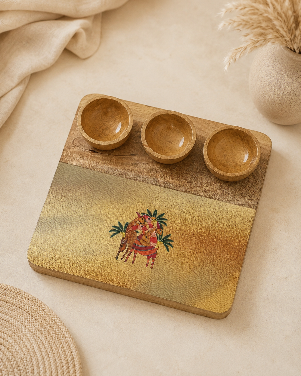 3 Bowl Wooden Snack Platter - The Deer Story