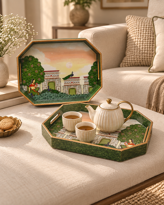 Decorative Octagon Set of 2 Trays for home - Bagh-e-Rangeen