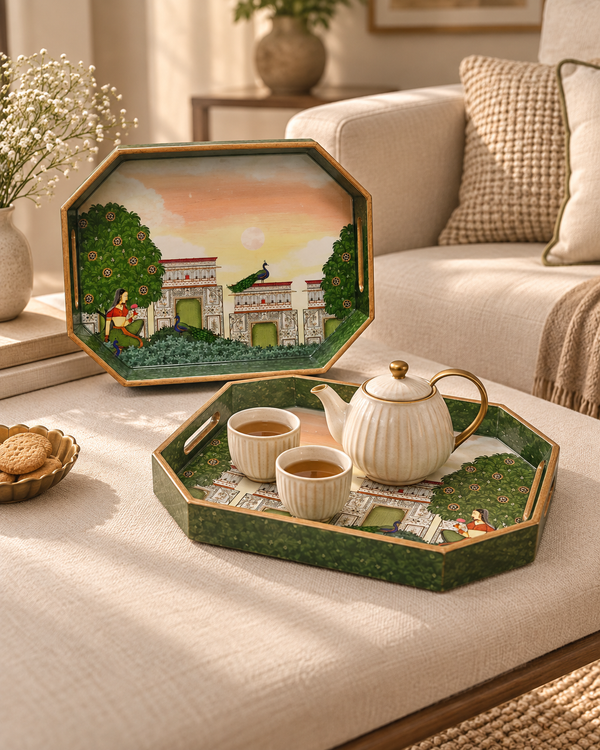 Decorative Octagon Set of 2 Trays for home - Bagh-e-Rangeen