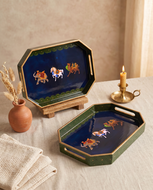 Decorative Octagon Set of 2 Trays for home - Blue Royalty