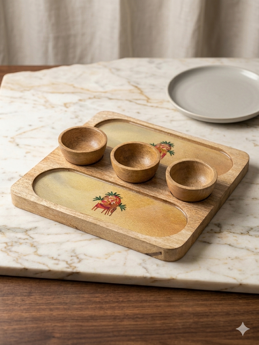 Wooden 2 Side 3 Bowl Platter - The Deer Story