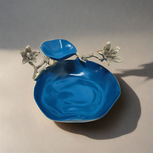 Blue luxury chip and dip platter with silver floral handles by Samaa India
