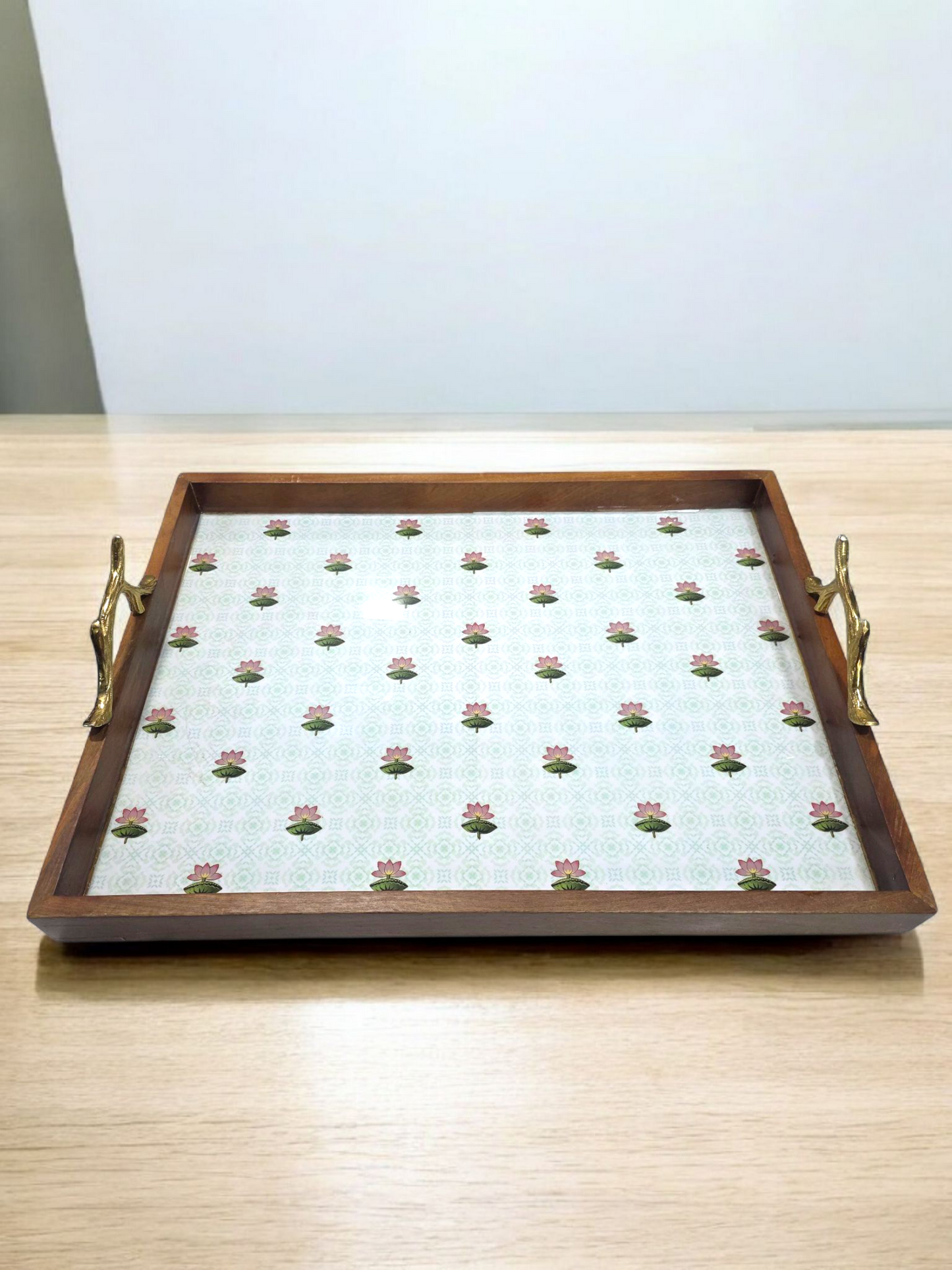 Samaa India Decorative Butler Tray with floral patterned base and metal handles on wooden frame