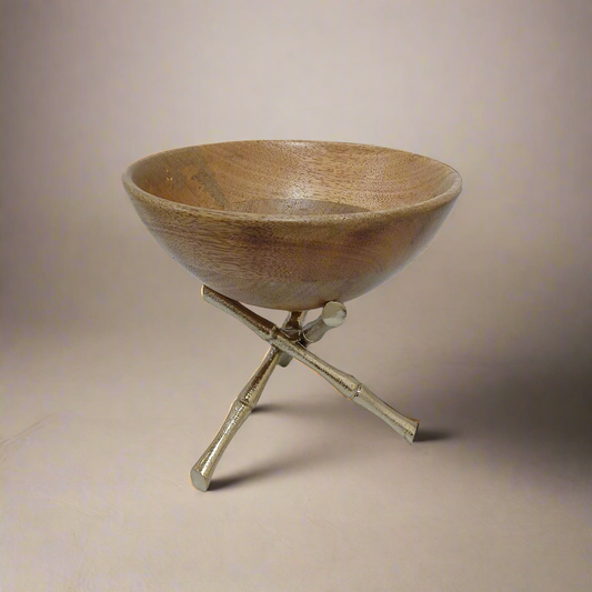 Samaa India wooden snack bowl with metal stand featuring a natural wood finish and crossed metal legs